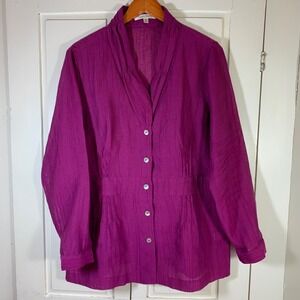 TravelSmith Magenta Rayon Linen Blend Pleated Crinkle Tunic Blouse XL Womens